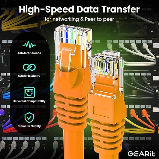 GEARit Cat 6 Ethernet Patch Cables 1.5 ft Orange (Cat 6 Ethernet Cables 1.5 ft 24-Pack), High Speed 24AWG 10Gbps RJ45 Snagless Gold-Plated, Ethernet Cable for Router, Switch, PC, PS5 Gaming, Server