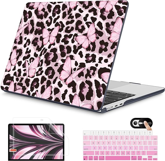Mektron for 2026 MacBook Air 13-inch M5 Laptop Case A3449 with 13.6-inch Liquid Retina Display Fits 2025 A3240 M4 2024 A3113 M3 2023 A2681 M2 Shell for MacBook Air 13.6", Leopard Pink Butterfly