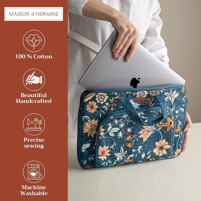 Maison d'Hermine Laptop Bag with Pocket Upto 15.5 inch Stain and Water Repellent Cotton Canvas Spring Summer (Luxury Loft - Dark Teal)
