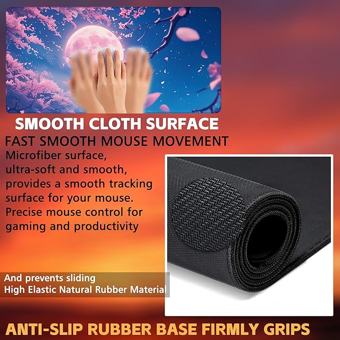 KOAIWPAE Large Gaming Mouse Pad for Desk, Falling Cherry Blossoms Desk Mat, Bright Full Moon Desk Pad, 31.5"x15.7" Extended Big Computer Keyboard Mouse Pad with Non-Slip Base and Stitched Edge