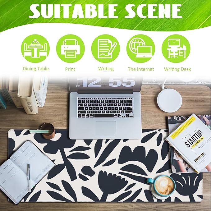 Eflxamz Desk Pad, Hand Drawn Leaves and Flowers Desk Mat, Abstract Plant Large Gaming Mouse Pad with Non-Slip Base and Stitched Edge, 31.5"x11.8"