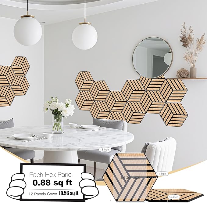 Mollywell Acoustic Panels, PVC Wood-Grain, 14x12 Inch Hexagon Carved Sound Proof Wall Tiles, Self-Adhesive High Density Felt for Home Theater/Studio/Office Echo Reduction, 12 Pack Natural Oak, TH4