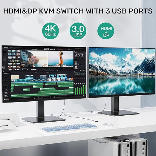 SUIDEK HDMI Displayport KVM Switch 2 Monitors 2 Computers - 4K@60Hz Aluminum with 3 USB 3.0 Ports Audio & Microphone Ports Share Dual Monitors Keyboard Mouse Printer - 2 USB Cable Controller Adapter