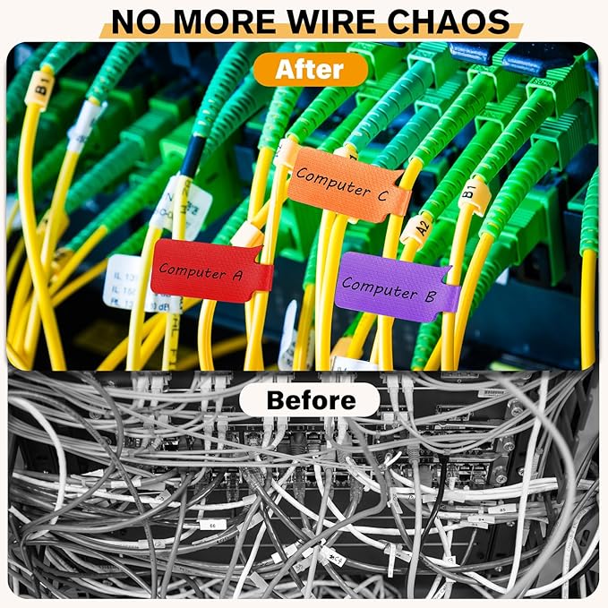 36-Pack Large Cable Labels with 40 Write-On Stickers, Reusable 8-Color Wire Tags for Electronics, Cord ID & Cable Management for Home Office, PC Network - Rectangle