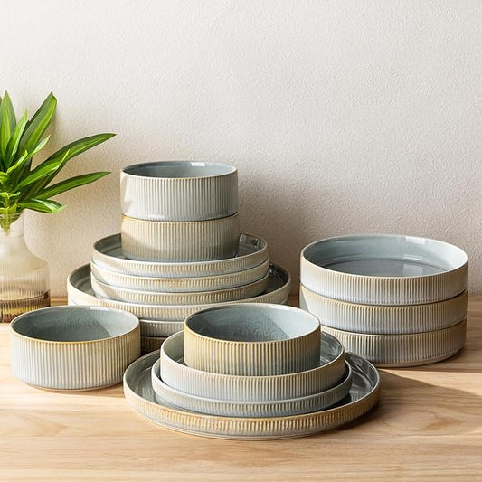 TheTerra Ceramic Dinnerware Sets with Pasta Bowls for 4, 16 Pieces Porcelain Lightweight Plates and Bowls Sets, Scratch Resistant Dish Set, Oven & Microwave & Dishwasher Safe, Desert Sage
