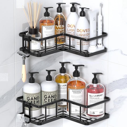 YASONIC Corner Shower Caddy - No Drill Adhesive Storage Shelves | Rustproof Stainless Steel, Black - 2 Pack with Hooks
