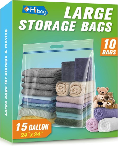HIBAG 15 Gallon Storage Bags - Extra Large Resealable Clear Bags with Handles | 24” x 24” | Pack of 10