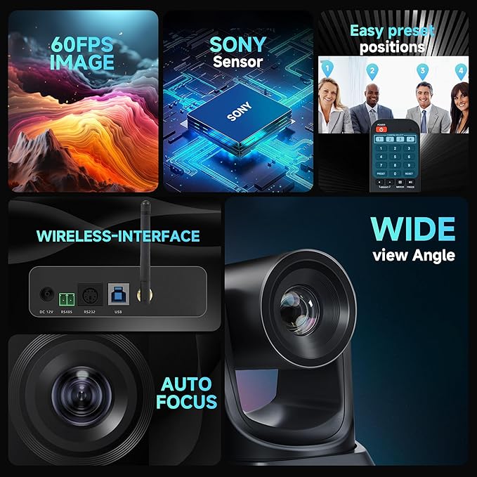 TONGVEO AI Wireless PTZ Camera System with Auto Tracking Built-in Receiver & Bluetooth Speakerphone, 5.8GHz 1080P 60fps Conference Camera with 3X Optical Zoom, for Church Zoom, OBS Meetings