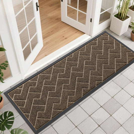 OLANLY Waterproof Front Door Mat - All-Season Indoor/Outdoor Doormat | Sturdy Natural Rubber, Herringbone Brick (Brown, 47x17)