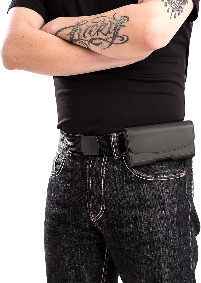 PiTau Holster for iPhone Pro Max & Plus 17 16, 15, 14, 13, 12, 11, 8, 7, 6, XS Max, Men's Cell Phone Case with Belt Clip ID Card Holder for Samsung Galaxy S25+, Fits with Case Cover on, Pewter Large