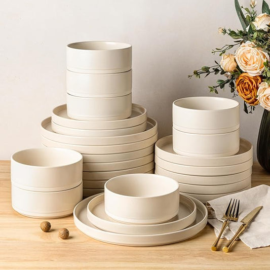 TheTerra Ceramic Dinnerware Sets for 8, 24 Pieces Handmade Reactive Glaze Plates and Bowls Set, Scratch Resistant Dish Set, Oven & Microwave & Dishwasher Safe, Matte White