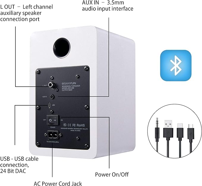 Sanyun SW208 3" Active Bluetooth 5.0 Bookshelf Speakers – 60W Carbon Fiber Speaker Unit - Built-in 24bit DAC Dynamic 3D Surround Sound 2.0 Computer PC Monitor Gaming (Pair, White)