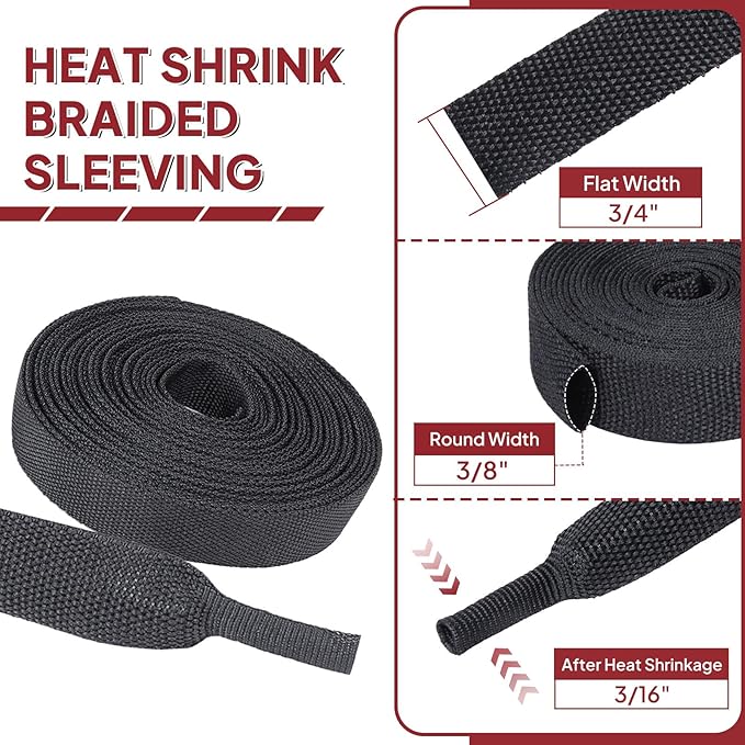 BuyUneed Heat Shrink Wire Loom 2:1 Shrinkable Braided Cable Sleeve 3/8 Inch ID-46ft Abrasion Protection Flexibility Fabric Wiring Harness Cover Sheath
