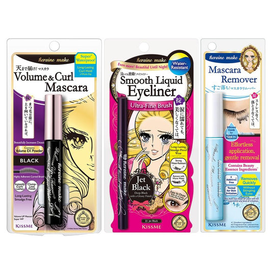 Heroine Make by KissMe Volume & Curl Mascara + Smooth Liquid Eyeliner + Eye Makeup Remover | Waterproof Mascara & Eyeliner Set | Volumizing Black Mascara & Smudge‑Proof Eyeliner | Japanese Makeup