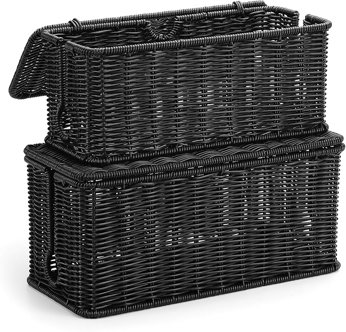 ZhiYo Rattan Cable Management Box, Black Desk Cord Organizer, 2 Pack (M&L)
