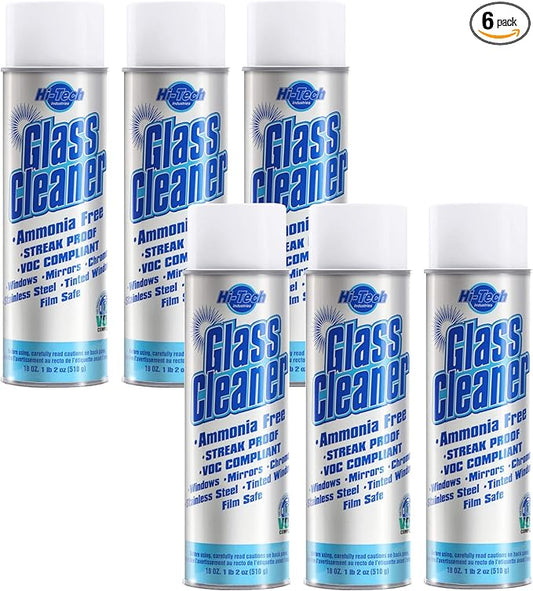 HI-TECH Streak Proof Glass Cleaner Spray – 18oz Aerosol Can, 6 Pack – Ammonia-Free, Tint & Plexiglass Safe, Professional Grade Window, Mirror, Auto, Stainless Steel & Chrome Cleaner, Streak-Free Shine