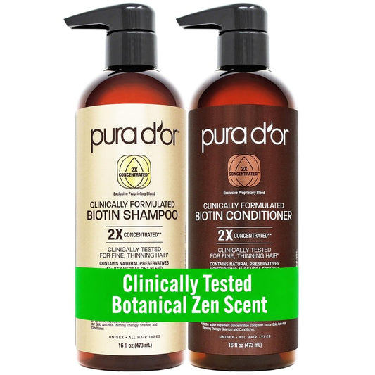 PURA D'OR Clinically Formulated Biotin Shampoo & Hair Regrowth Conditioner For Hair Thinning - 2X Concentrated Proprietary Thickening Blend For Women & Men, Sulfate Free, Botanical Zen Scent,16oz x2