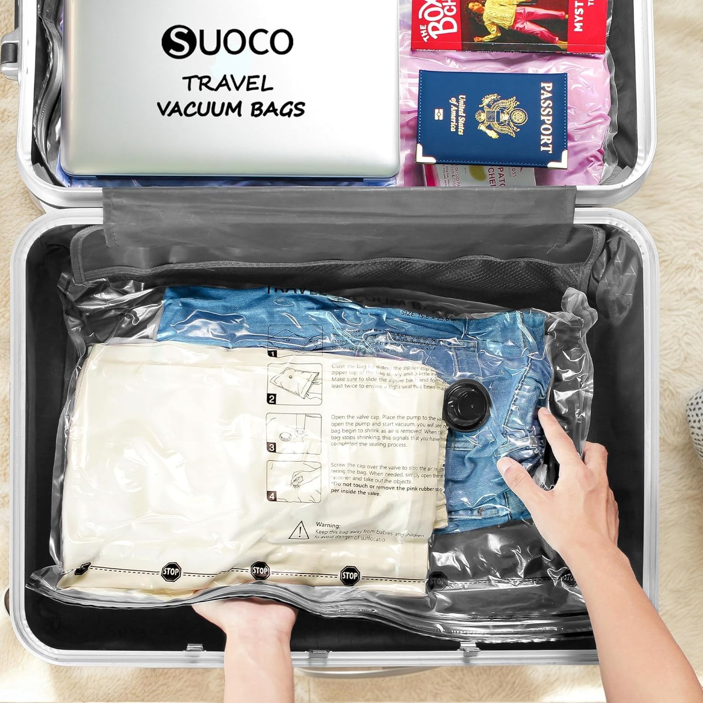 Skiennix Travel Vacuum Bags - Compression Packing Cubes with Rechargeable Electric Pump | 8 Medium Space Saver Seal Bags for Luggage