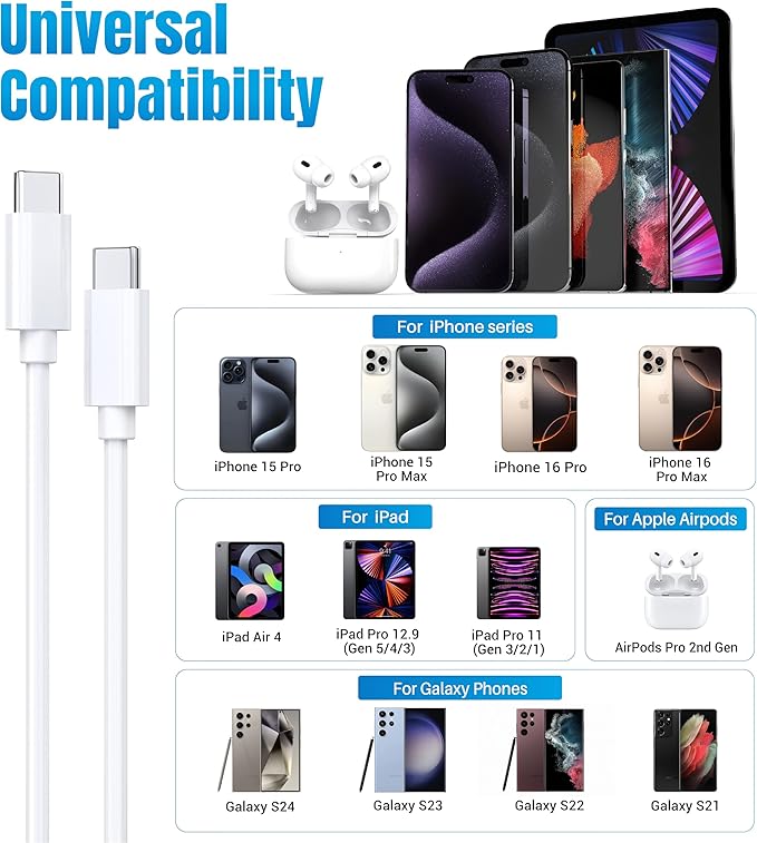TT&C 2-Pack 30W USB C Charger Set (2X Mini Wall Blocks + 2X 10ft Extra Long Cables), Power PD 3.0 Fast Charging Compatible with iPhone 17, 17 Air, 16, 15, & for Samsung Galaxy S26, S25, White