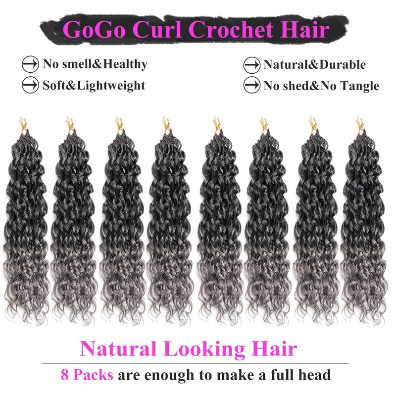 XSASLYET GoGo Curl Crochet Hair for Black Women, 10 Inch 8 Packs Pre Looped Synthetic Water Wave Braids, Deep Wave Curly Crochet Hair Extensions (1B/Grey)