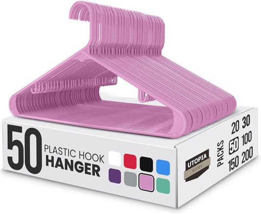 Utopia Home Plastic Hangers - Durable Space-Saving Closet Organizers - 50 Pack in Pink for Shirts, Pants & Coats