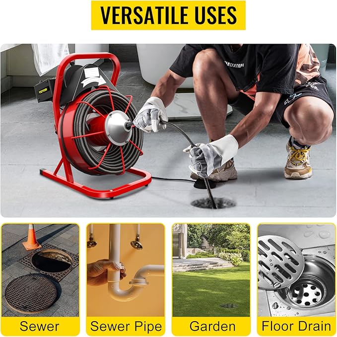 VEVOR Drain Cleaner Machine, 75 Ft x 3/8 Inch, Drain Cleaning Machine Fits 1 to 4 Inch Pipes, Portable Drain Auger Cleaner with 4 Auger Bits, Electric Drain Auger Plumbing Tool