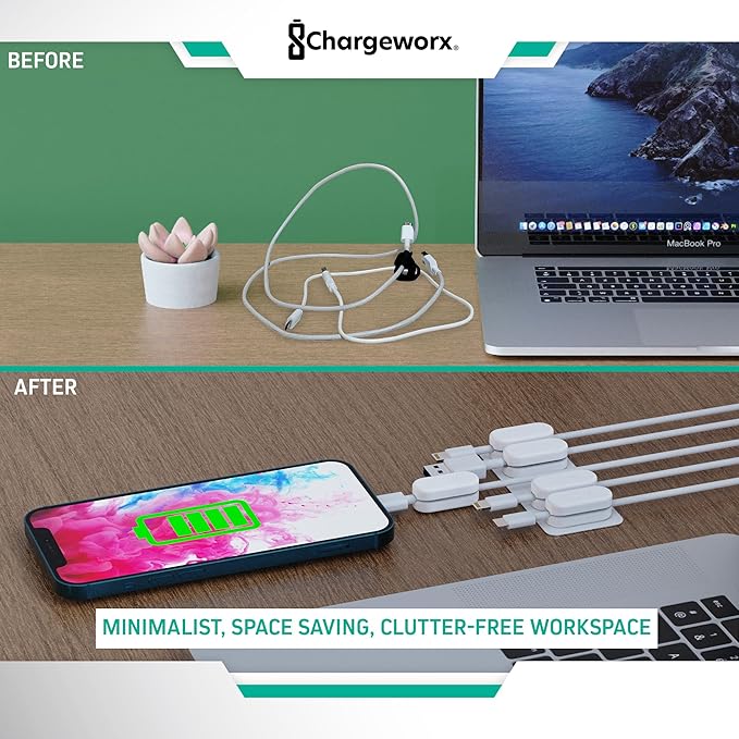 CHARGEWORX Magnetic Cable Clips 10-Pack – Adhesive Cord Organizer for Desk, Wall, Nightstand & Car – Magnetic Cable Holder for USB-C, Lightning, HDMI & Charging Cables – Cable Management Clips