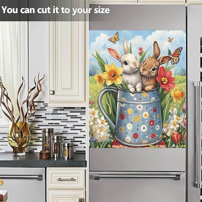 Easter Bunny Dishwasher Magnet Decoration Cover Kitchen, Two Rabbits Vinyl Magnetic Dishwasher Sticker, 23 x 26 in Spring Colorful Flowers Home Magnet Fridge Cover