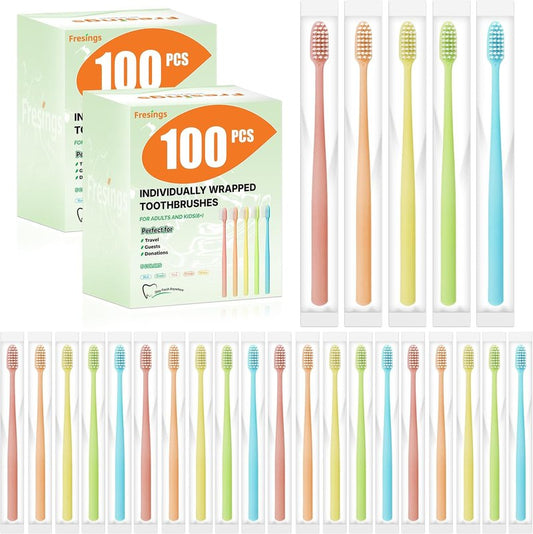 Disposable Toothbrushes Bulk - 200 Pack Individually Wrapped Soft Bristles | Travel, Hotel, Dental Office, Emergency Hygiene, 5 Colors
