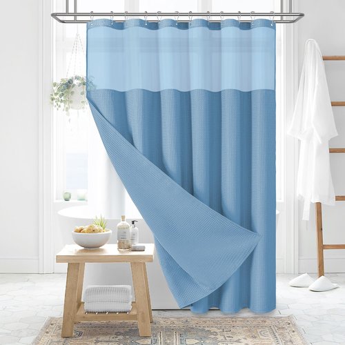Dynamene Extra Long Shower Curtain, 84 Inch Long Waffle Fabric Shower Curtain for Bathroom, Tall Waterproof Cloth Shower Curtain Set with Hook, Snap in Liner, Mesh Top Window, Moonlight Blue, 72x84