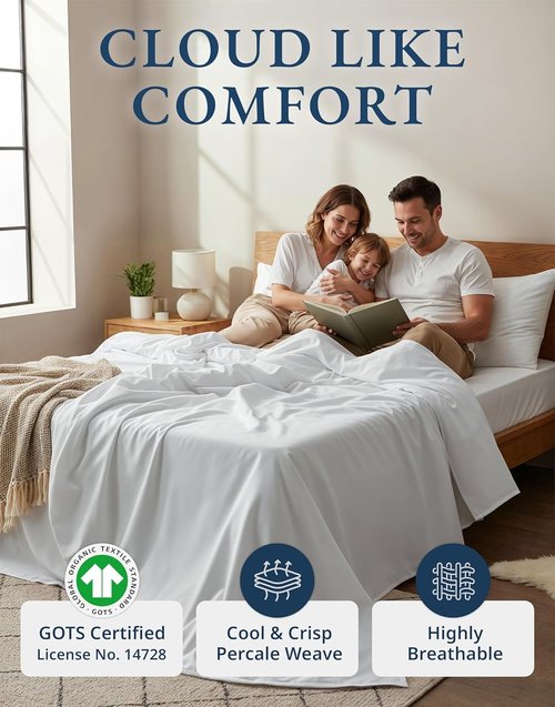 LANE LINEN Organic Cotton Queen Sheet Set - Eco-Friendly, Soft & Comfy, 15" Deep Pocket - White