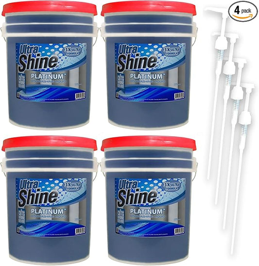 Ultra Shine 4 Pack 3X Platinum Bulk Dishwashing Liquid, Powerful Grease Remover, 5-Gallon - Concentrated Dish Cleaner Soap for Commercial Kitchens, Restaurants & Home Cleaning, Gentle on Hands & Skin