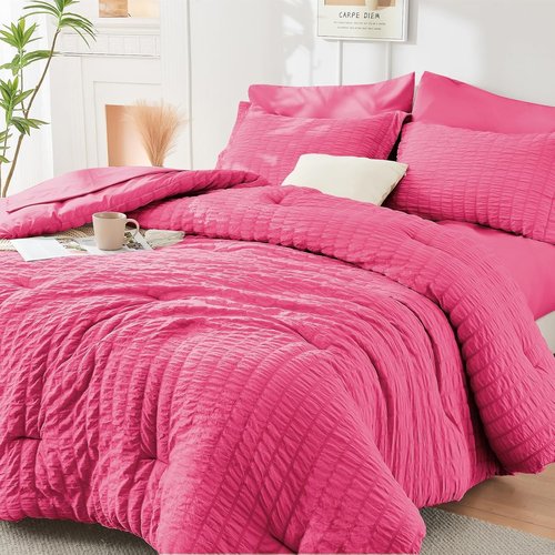 HYMOKEGE King Size Comforter Set - Hot Pink Seersucker 7-Piece Luxury Bedding Set for All Seasons