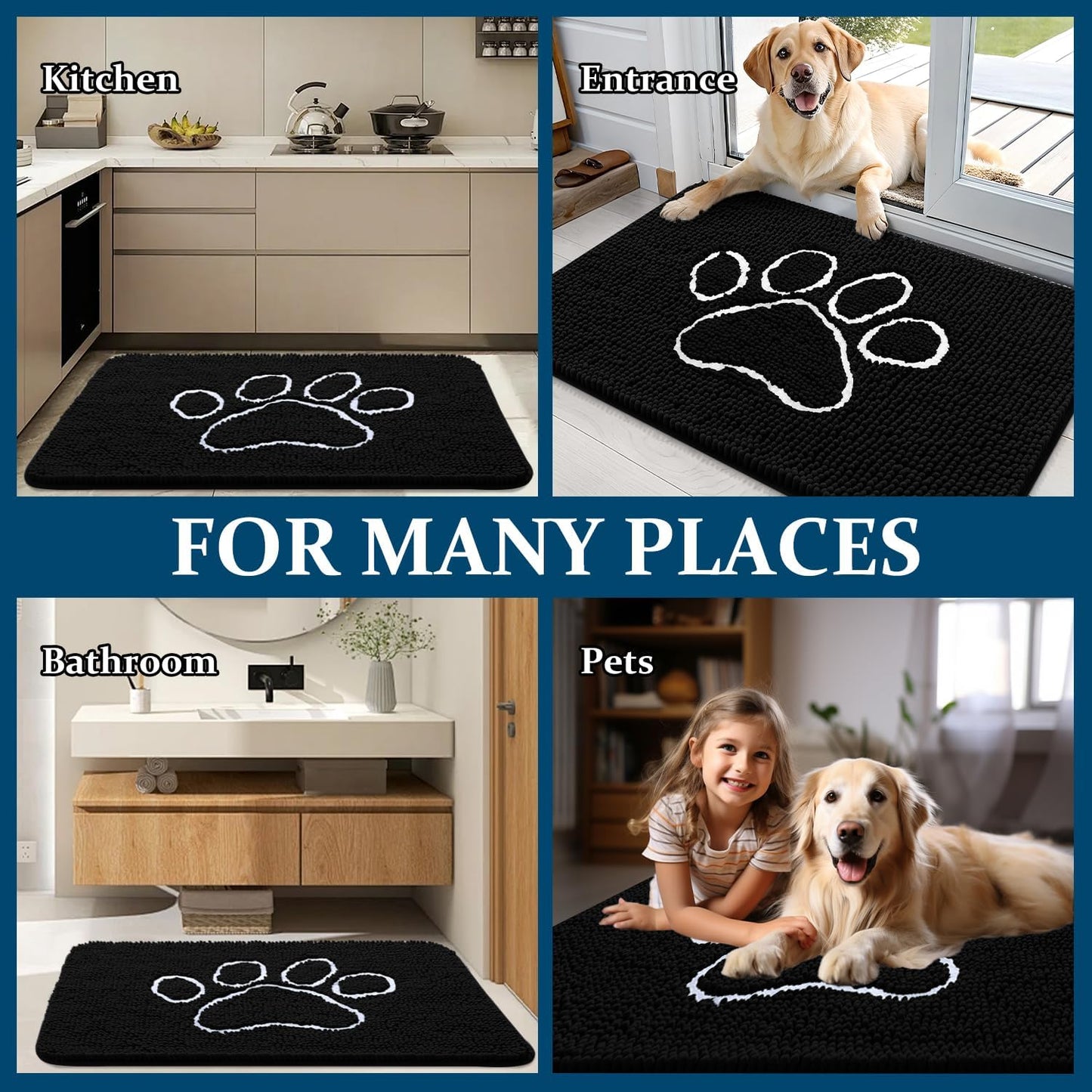 OLANLY Dog Door Mat - Absorbent Non-Slip Mud Mat for Paws | 70x35 Black Chenille Design