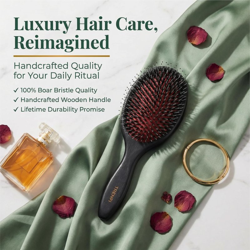 TRENFI Boar and Nylon Bristle Hair Brush | Solid Red Oak Oval Cushion Brush for Thick Wavy Curly Hair
