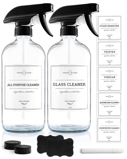 Vine Creations Glass Spray Bottles, 2 Pack Refillable Spray Bottles for Cleaning Solutions, Plant Misters, Clear Glass Spray Bottle for hair, 16 oz Mister Spray Bottle with Waterproof Labels