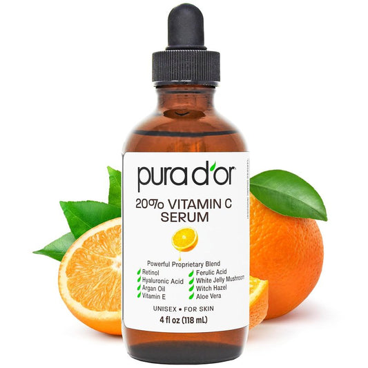 PURA D'OR 20% Vitamin C Facial Serum - Antioxidant Anti-Aging Formula with Retinol & Hyaluronic Acid | 4 Oz Hydrating Skin Care for All Skin Types