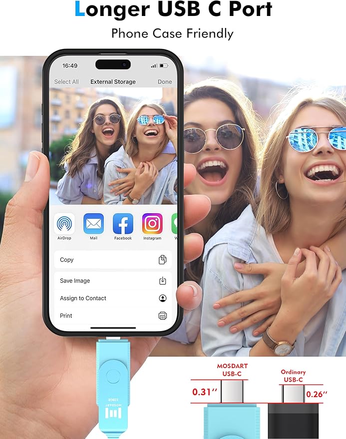 MOSDART 128GB USB C 3.2 Fast Speed C and A Dual Flash Drive, exFAT Memory Stick with Keychain and LED Indicator, for iPhone 15,16,17, Android Phone, iPad, MacBook, and Other Laptops, Sky Blue