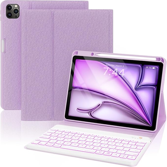 OPAKIT Keyboard Case for iPad Air 5th/4th Pro 11 inch, 7-Color Backlit Detachable Wireless Keyboard Case with Pencil Holder, Stand Folio Cover for Gen 2020/2022, Pro 4th/3rd/2nd/1st Gen, Purple…