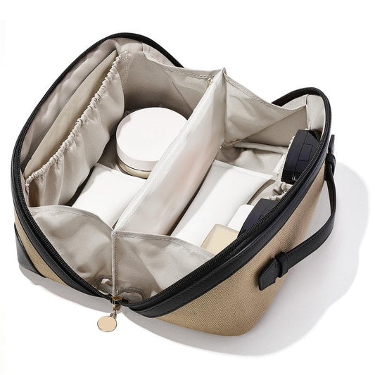 mibasies Flat Lay Travel Makeup Bag for Women, Dual-Zipper Cosmetic Bag, Large Capacity Toiletry Bag with Handle