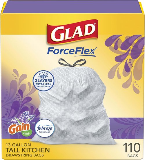 Glad ForceFlex Tall Kitchen Trash Bags - 13 Gallon Gain Lavender with Febreze - 110 Count