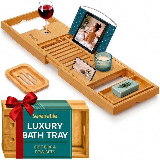 SereneLife Premium Bathtub Tray Caddy with Gift Box and Bow Set, Expandable Bath Tray, Unique House Warming Gifts for Mom, Women, Wedding, Anniversary, Bridal Shower, Fit for All Tub - Natural