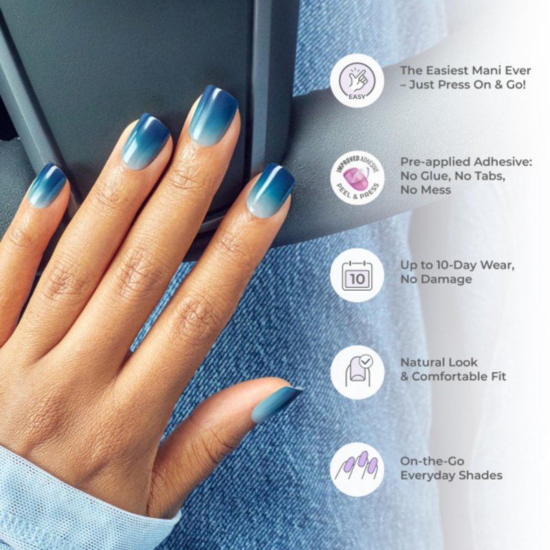 Impress Color Ombre Press On Nails, 'Friendzone', Blue, Short Oval, PureFit Technology, Patented Super Hold Adhesive, Chip Proof, Smudge Proof, Mini Nail File, Manicure Stick & 30 Fake Nails