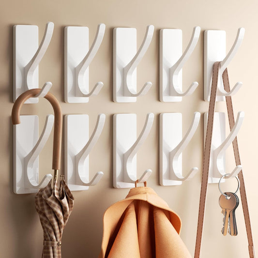 Pickpiff White Self-Adhesive Coat Hooks - 13LB Extra Strong Stainless Steel Wall Hooks | 10 Pack for Bathroom, Kitchen, and More
