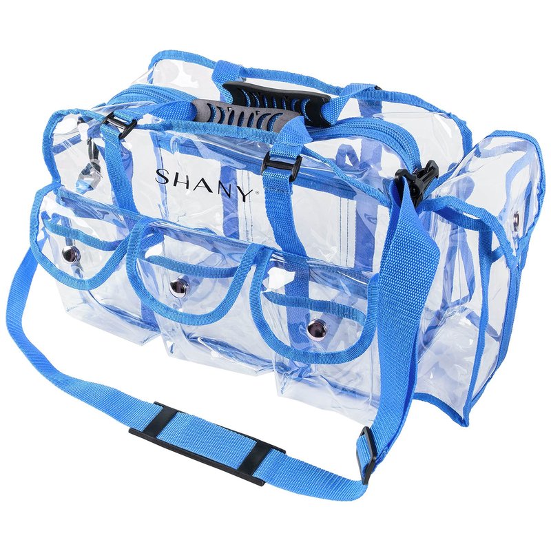 SHANY Cosmetics Shany clear pvc makeup bag - large professional makeup artist rectangular tote with shoulder strap and 5 external pockets - blue, Blue