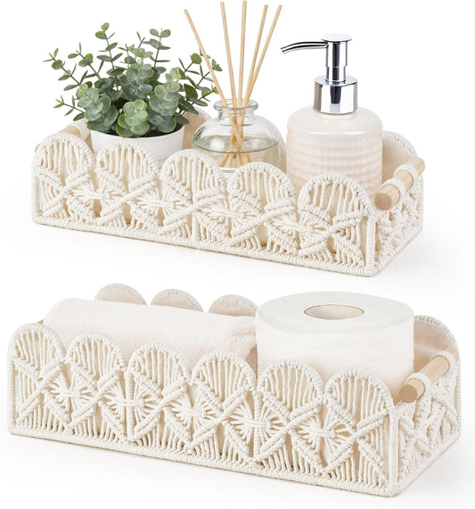 Mkono Macrame Storage Basket - Scalloped Edge Boho Woven Decor | Small Organizer Set of 2 in Ivory