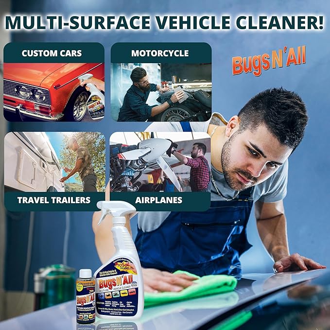 Bugs Nâ All Multipurpose Car Cleaner & Degreaser - Bug & Tar Remover Concentrate 4 oz - Exterior Cleaner Safe for Car Paint, Metal, Chrome, Aluminum, Windows & Mirrors - w/Free 32 oz Spray Bottle