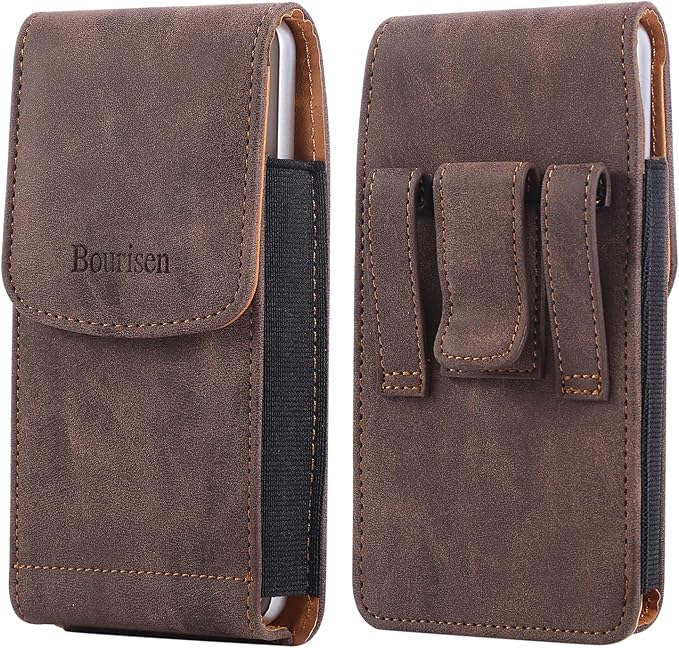 Bourisen Phone Holster Pouch Case Belt Clip Loops Card Slot for Man iPhone12 13 14 15 16 17,11 12 13 14 15 16 17pro,17Air/Samsung S25 S24 S23 S22 S21 S20/LG/Moto (Brown&Yellow, L(6.1" x3.2''x0.8))