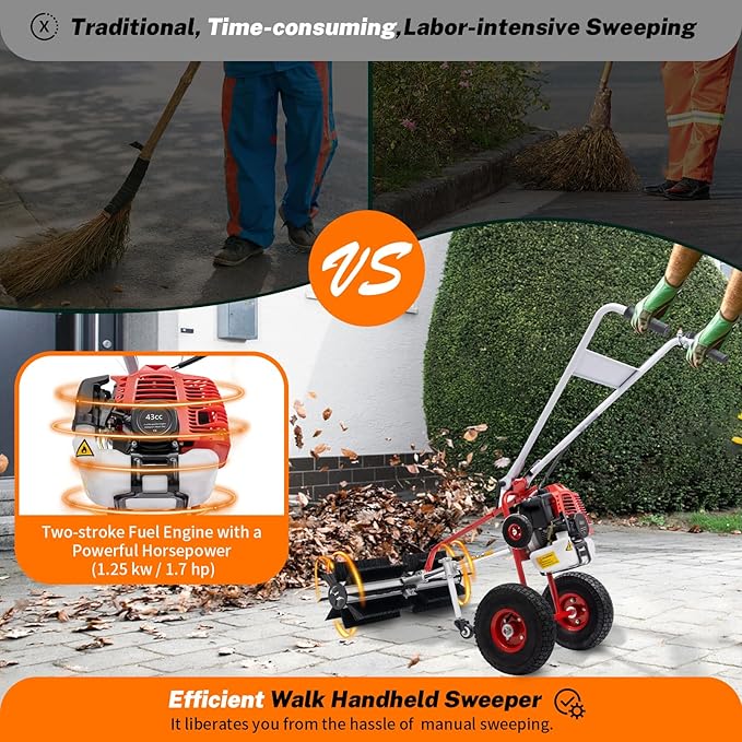 Gas Power Sweeper Broom, 43cc 1.7HP 2-Stroke Handheld Gas Power Held Sweeper Broom Grass Walk Behind Hand Lawn Sweeper with Wheels for Cleaning Driveway Farms Parks Turf