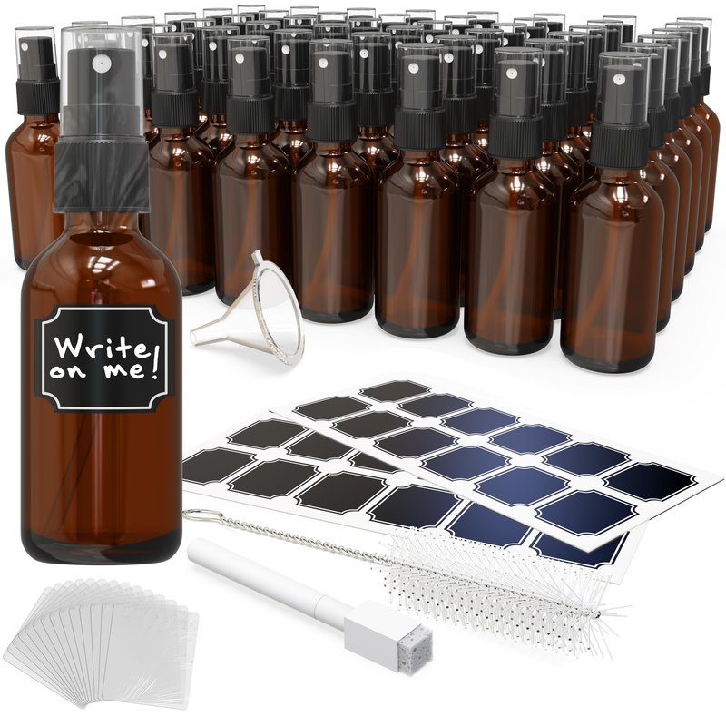 Nevlers Small Spray Bottle 2 Oz 48 Pack | Amber Glass Spray Bottles for Cleaning, Oils, Perfume Alcohol & More | Mist Bottle Set w/Shrink Wrap, Funnel, Brush, Labels & Marker | Small Glass Bottles